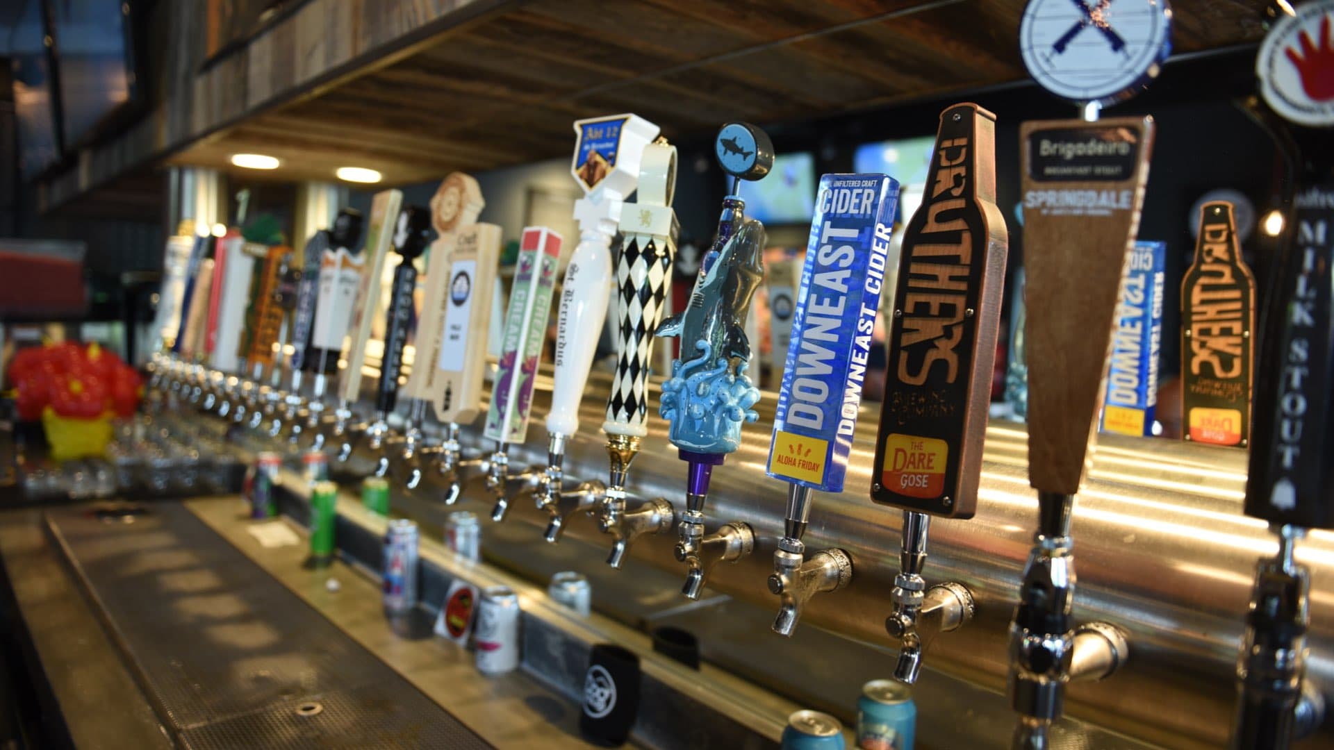 Close-up view of a Dog Haus bar with a colorful lineup of beer tap handles and cans arranged along the counter.