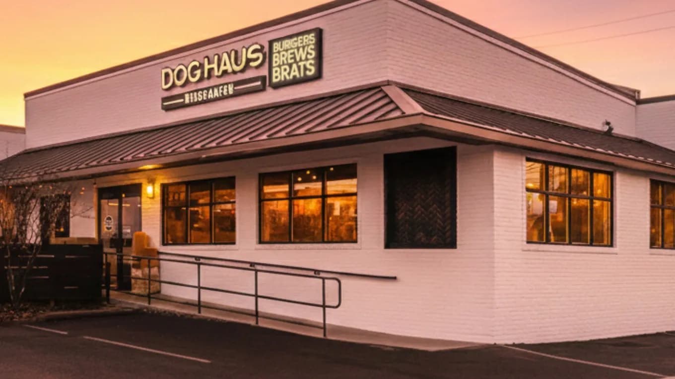 Exterior photo of Dog Haus East Nashville. I white building with black sinage and white lettering that reads "Dog Haus Biergarten. Burgers Brews Brats"