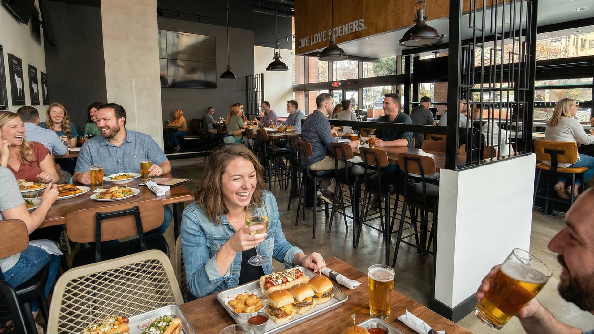 A group of people laughing and enjoying meals, including sliders and hot dogs, at a brightly lit, modern industrial restaurant.
